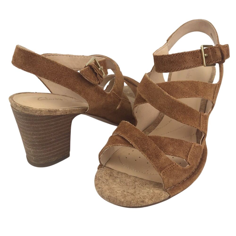 Clarks Cushion Plus Strappy Sandals Brown Suede 3" Block Heel US 9 EU 40
